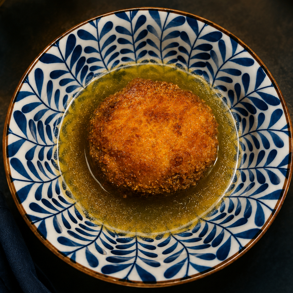 Cacio e ova ai porcini in brodo di miso.