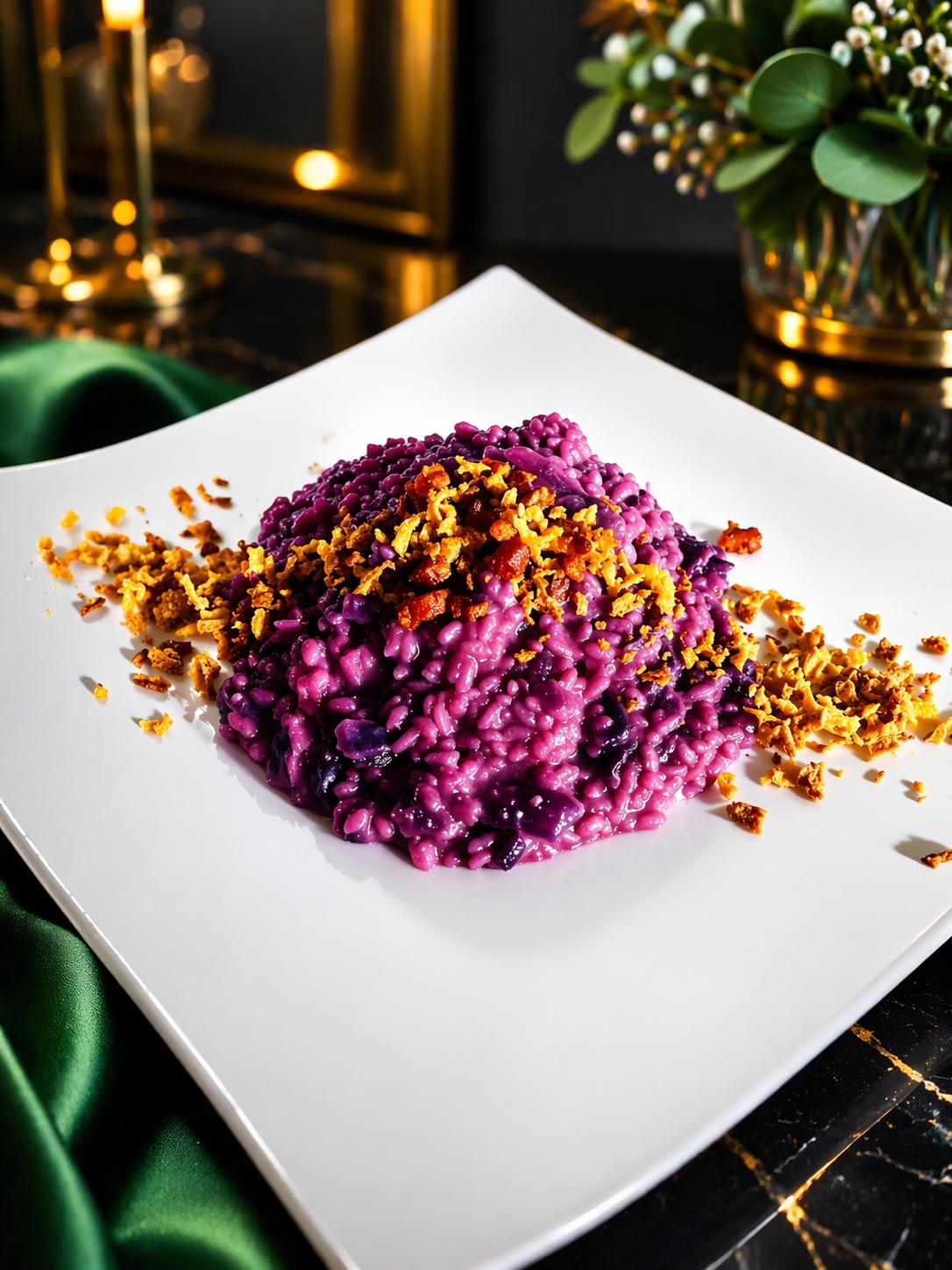 Risotto cavolo rosso, pancetta e crumble di cipolla